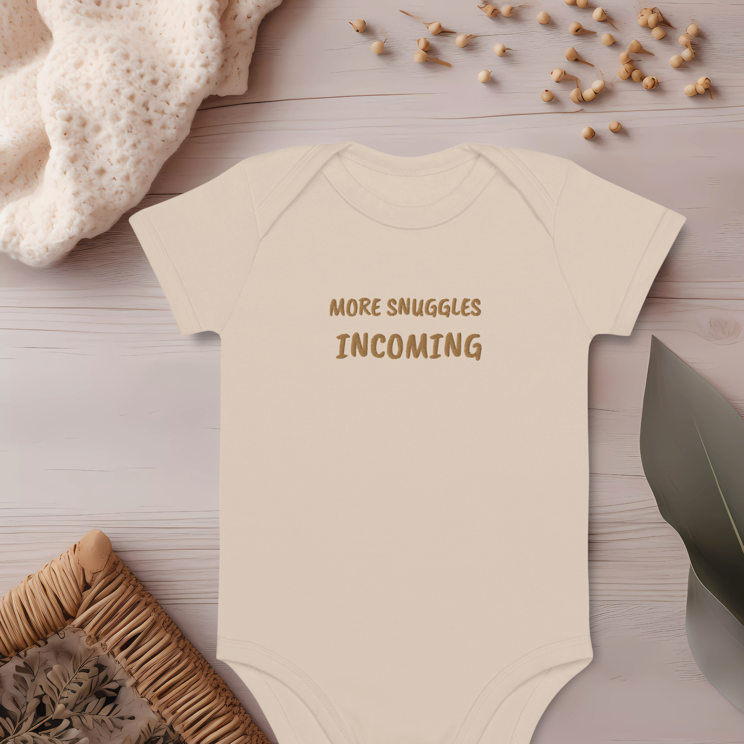 More Snuggles Incoming Embroidered Organic Cotton Bodysuit