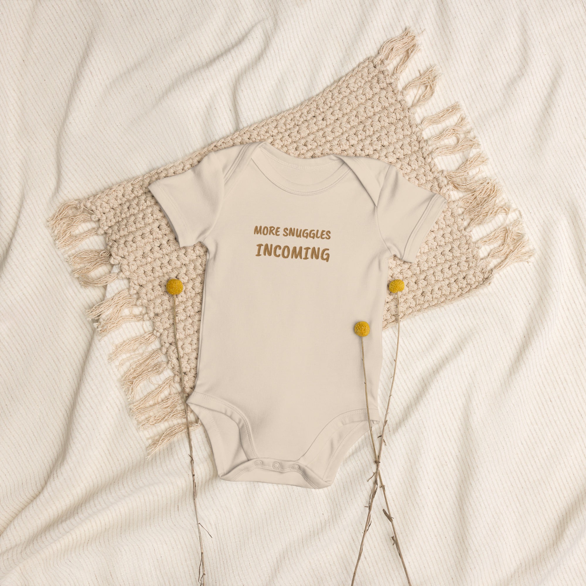 More Snuggles Incoming Embroidered Organic Cotton Bodysuit