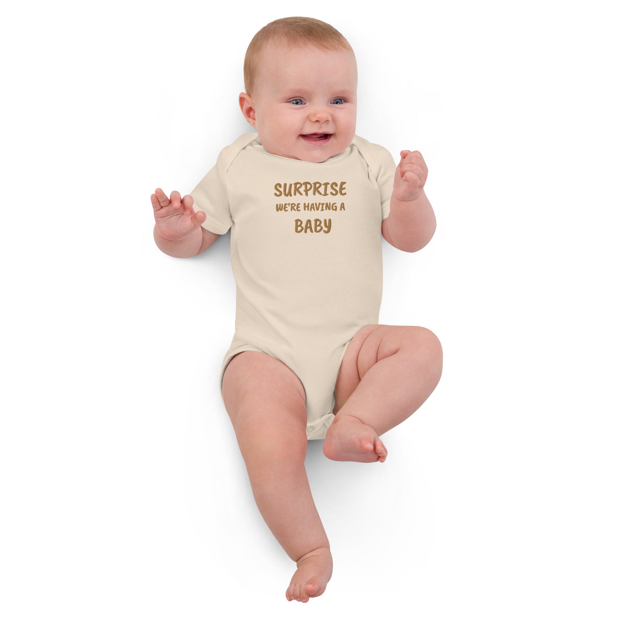 Surprise, We’re Having a Baby Embroidered Organic Cotton Bodysuit