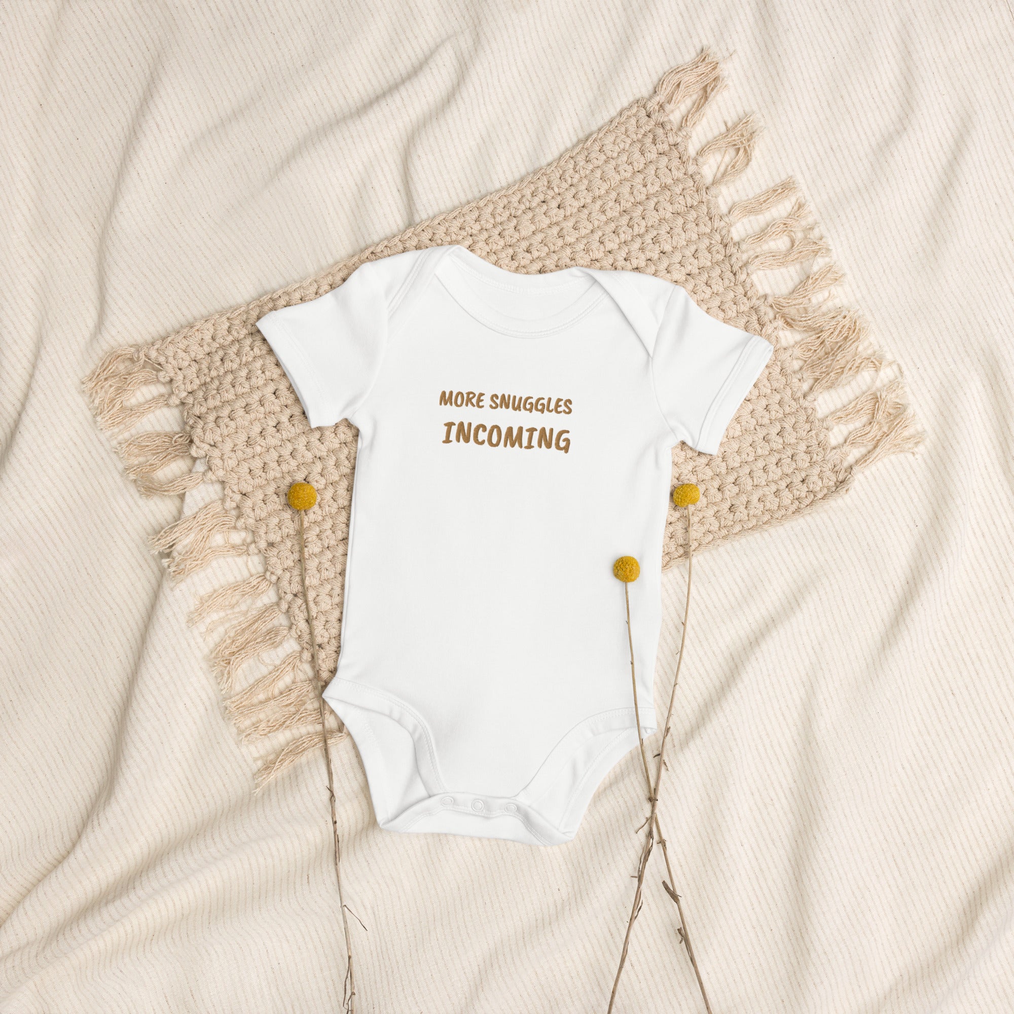 More Snuggles Incoming Embroidered Organic Cotton Bodysuit