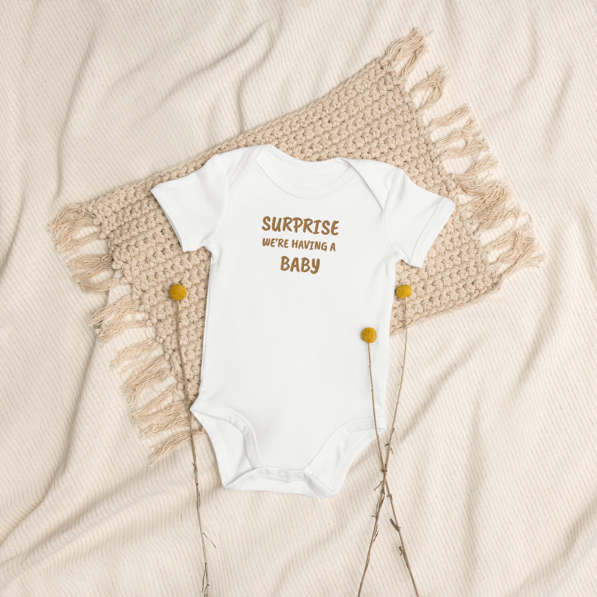Surprise, We’re Having a Baby Embroidered Organic Cotton Bodysuit