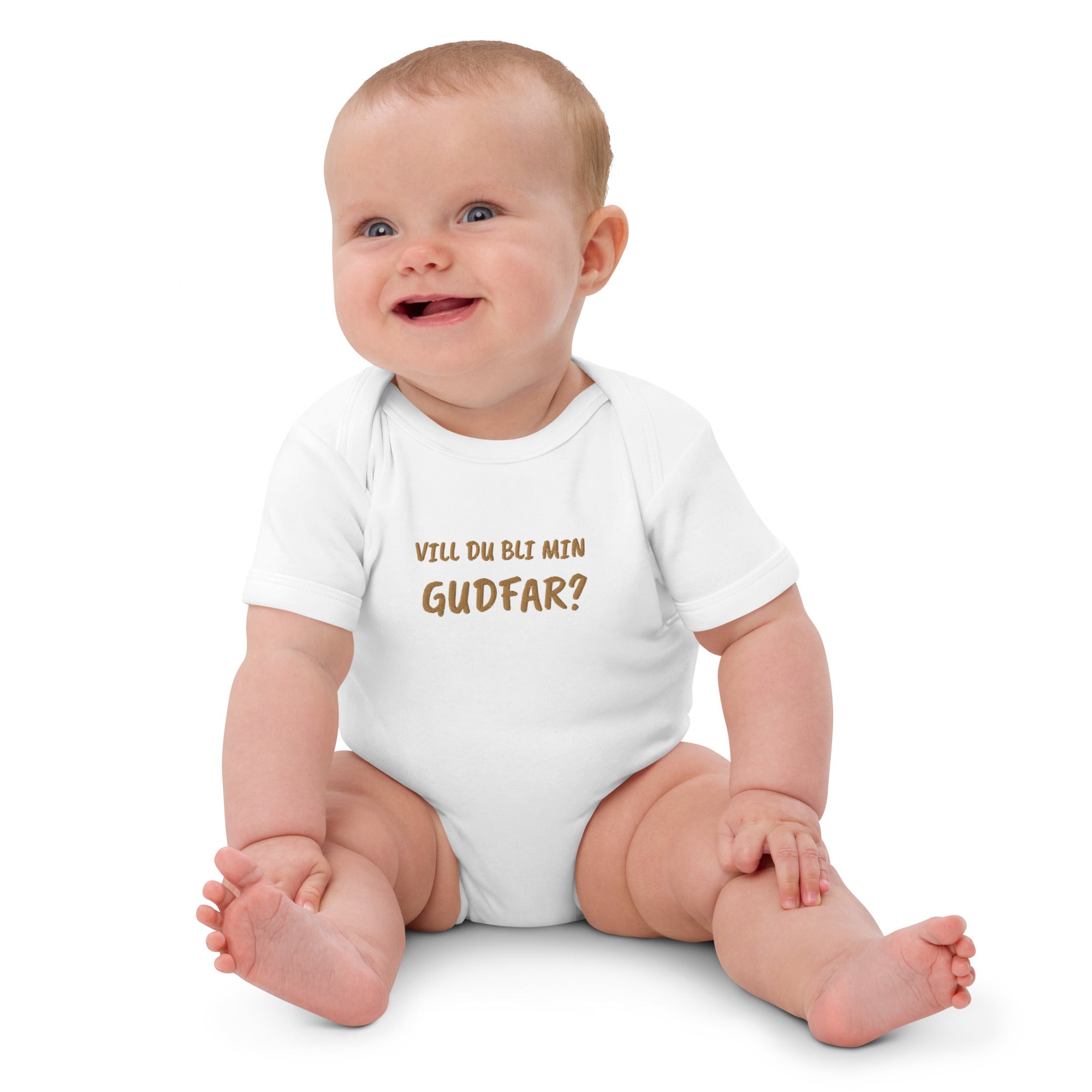Vill Du Bli Min Gudfar? Embroidered Organic Cotton Bodysuit