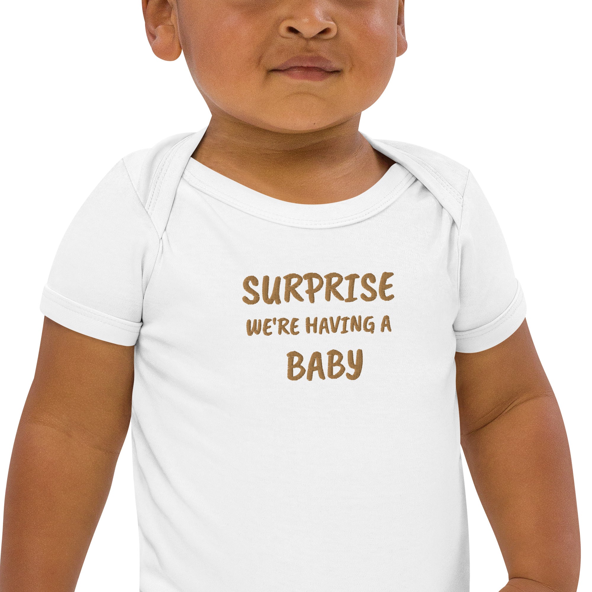 Surprise, We’re Having a Baby Embroidered Organic Cotton Bodysuit