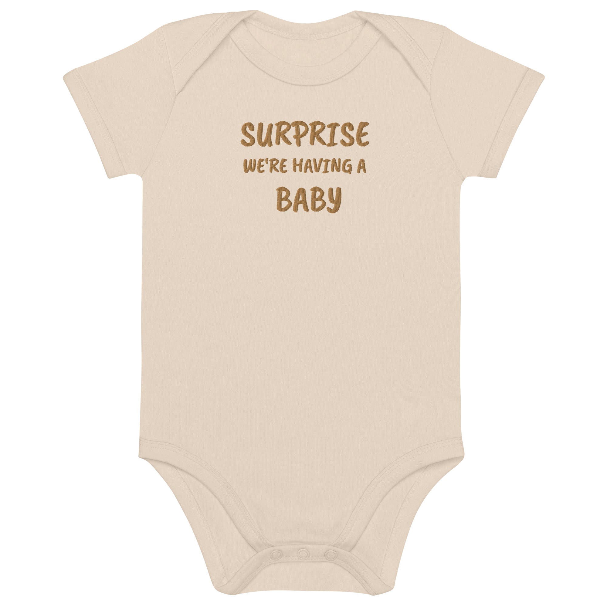 Surprise, We’re Having a Baby Embroidered Organic Cotton Bodysuit