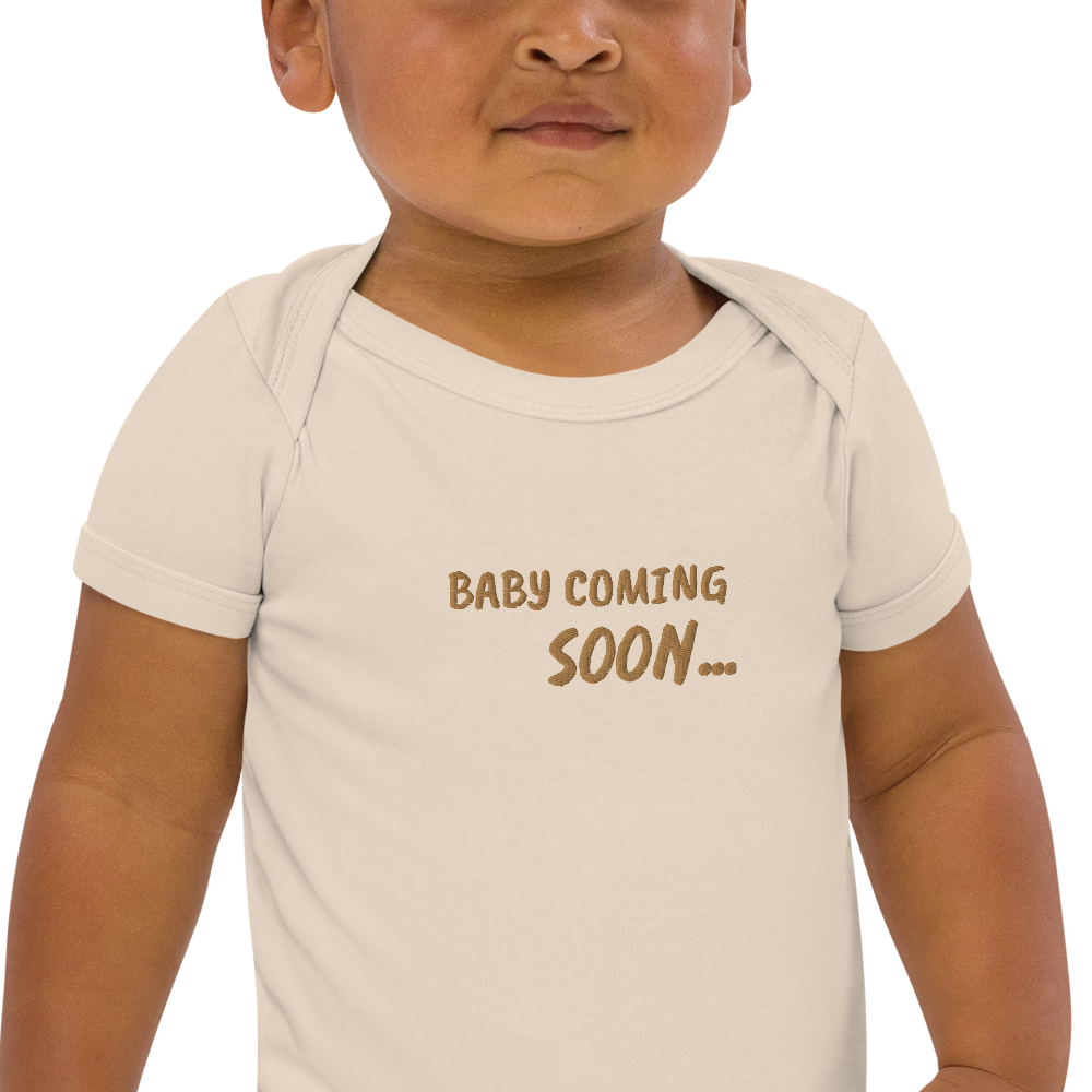 Baby Coming Soon Embroidered Organic Cotton Bodysuit