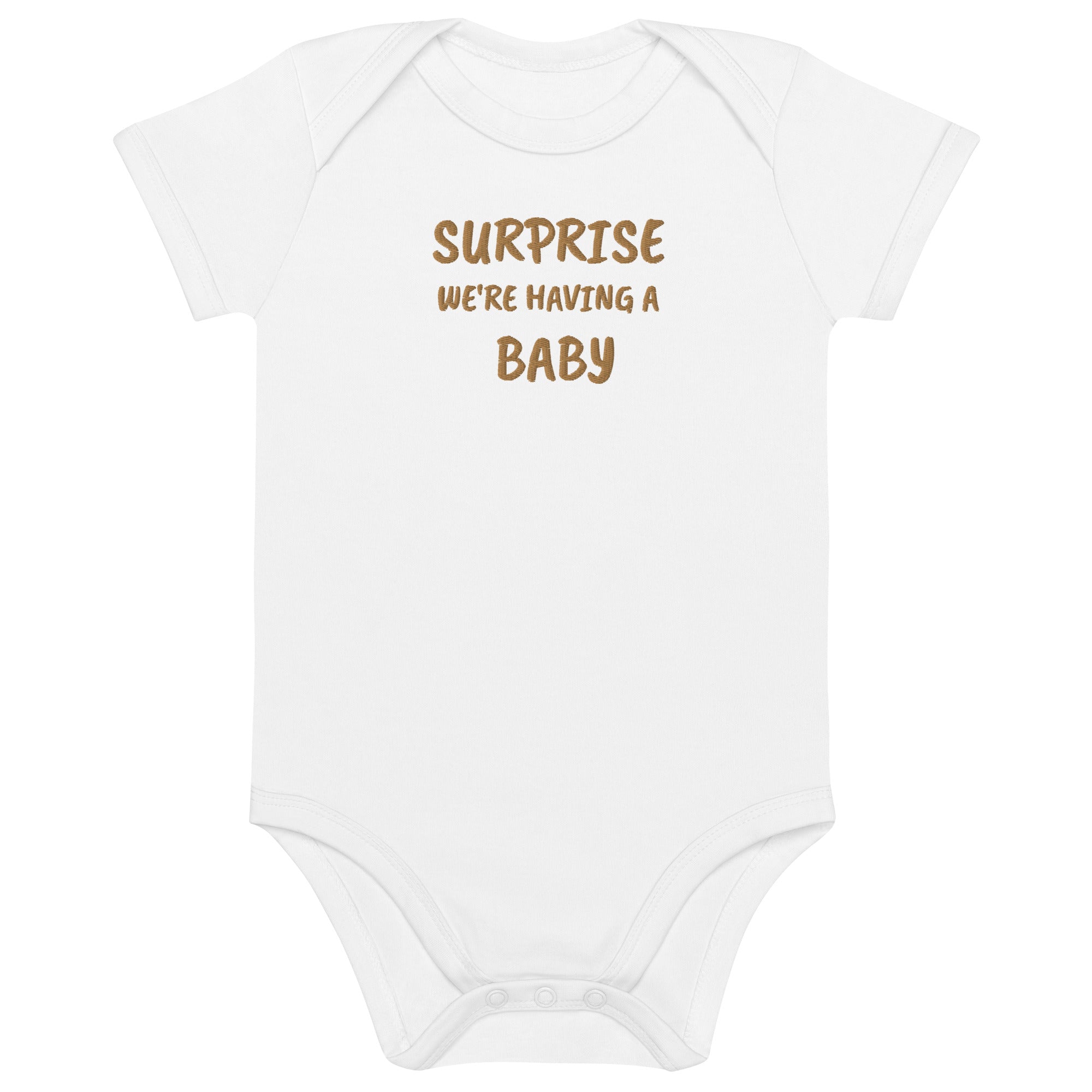 Surprise, We’re Having a Baby Embroidered Organic Cotton Bodysuit