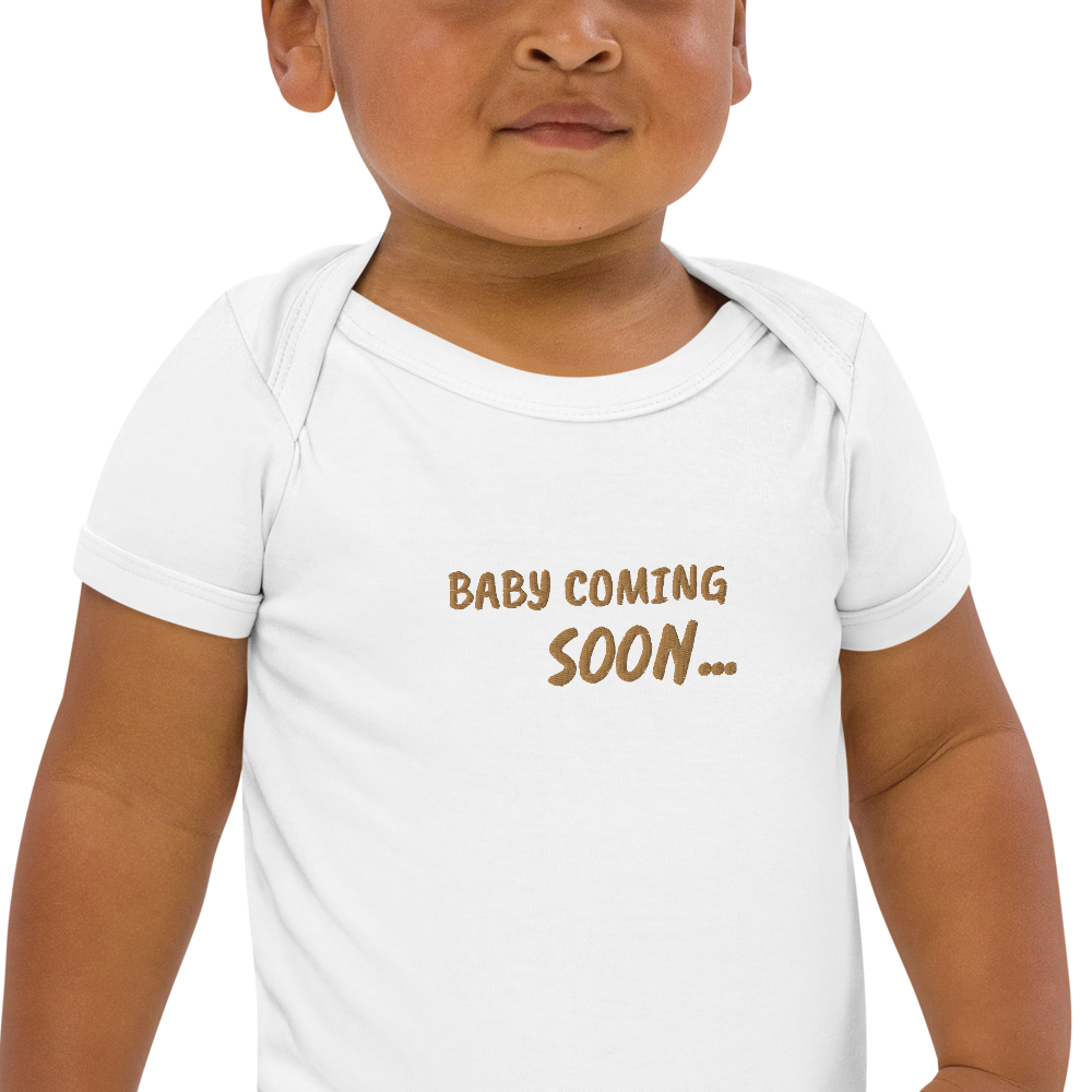 Baby Coming Soon Embroidered Organic Cotton Bodysuit